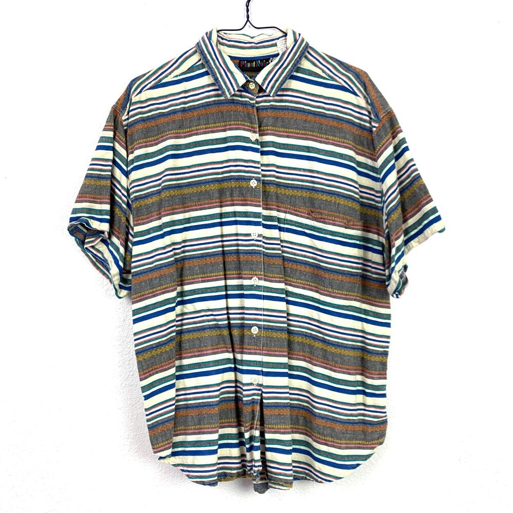 Vintage 80s Pinot Noir Striped Rad Short Sleeve Button Up Camp Shirt Size 40/20W